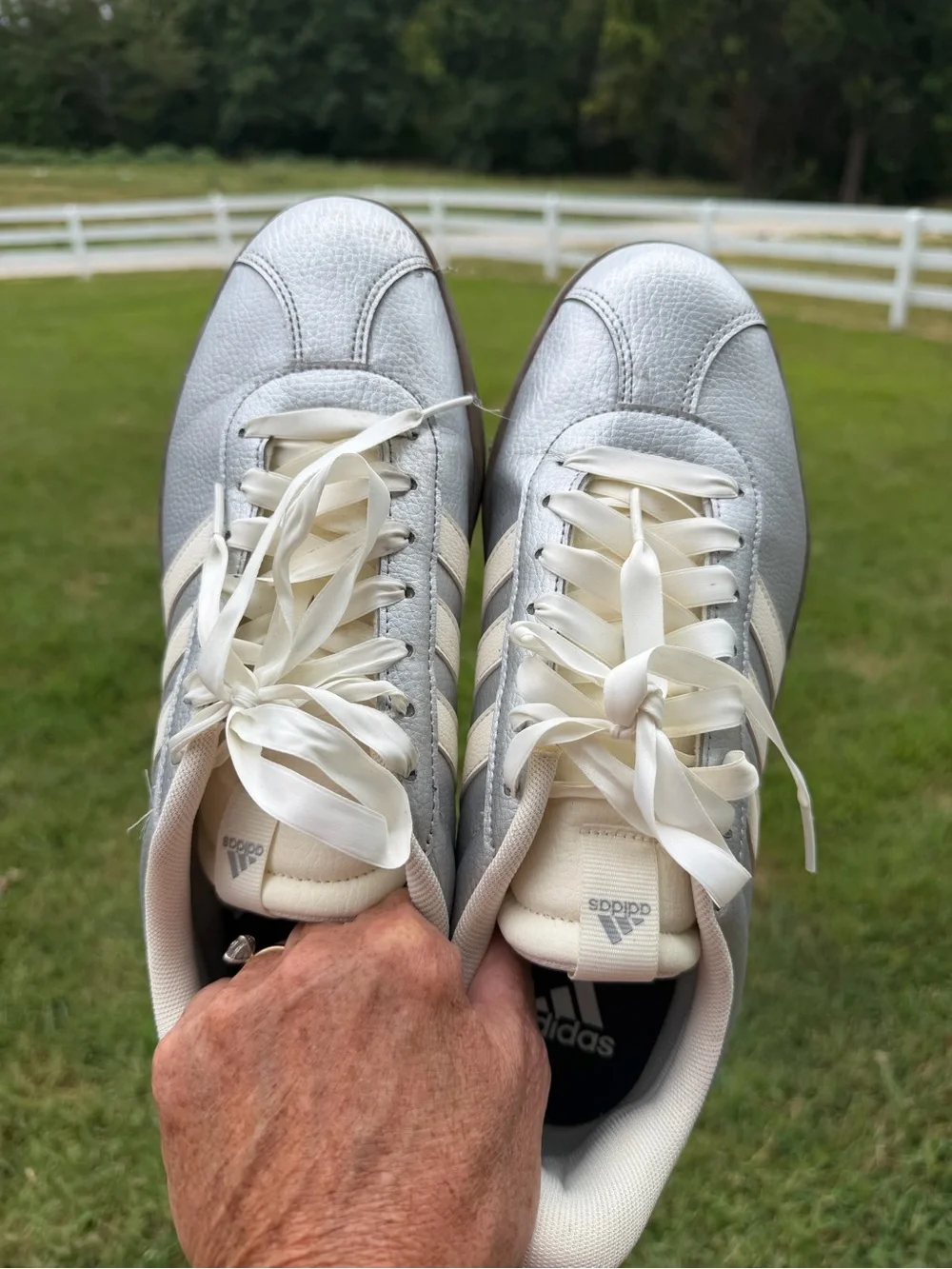 adidas Women’s Silver Leather Sneakers with Cream Stripes